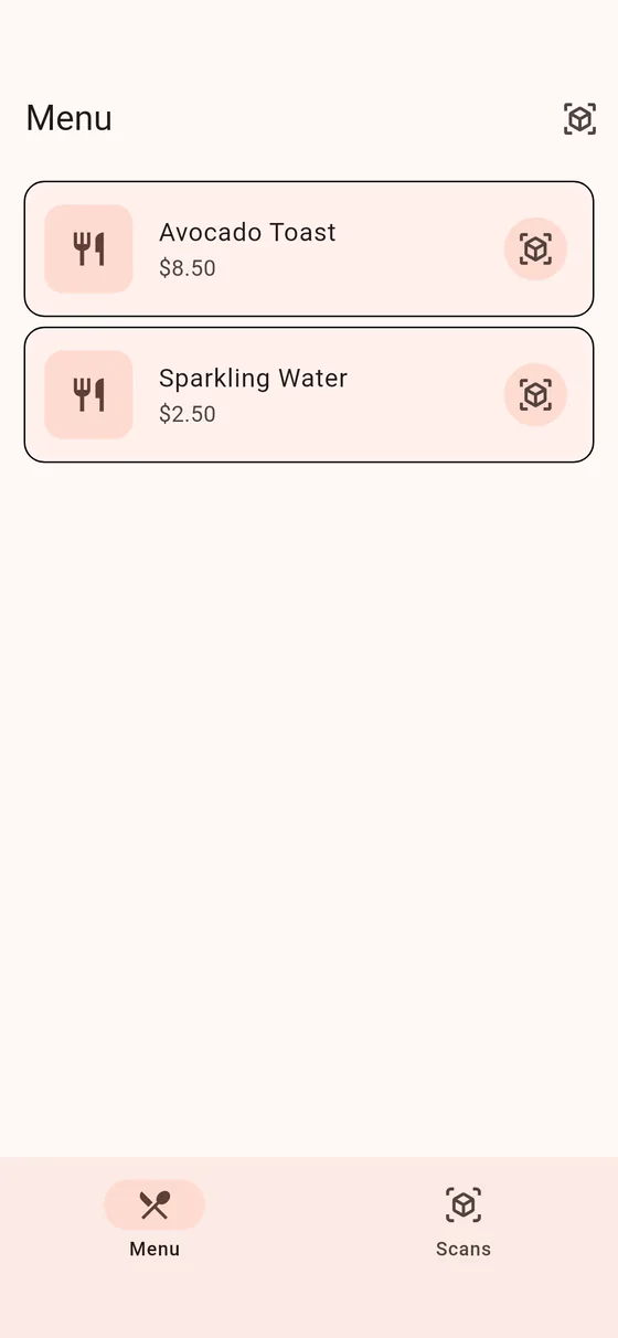 The menu, each dish ready to view in AR
