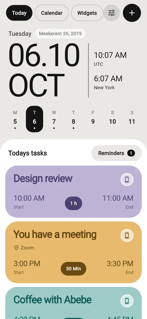 Today screen with pastel task cards and two world clocks