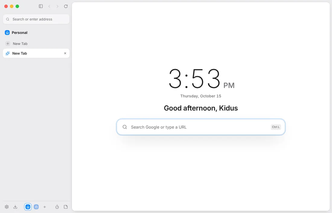 Khrom's new tab page with vertical tabs