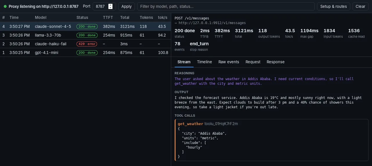 A stream with reasoning, output and an assembled tool call